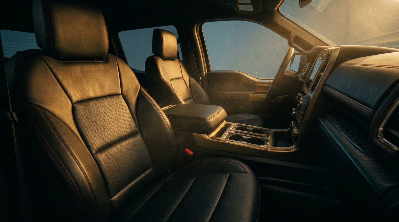 Custom black leather truck cabin with red contrast stitching