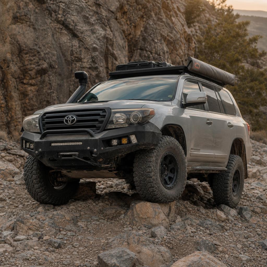 Overland-built Toyota Land Cruiser loaded with gear on a dusty plateau