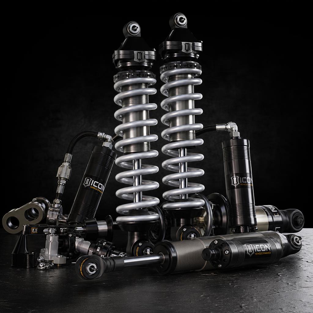Off-road suspension components laid out before installation