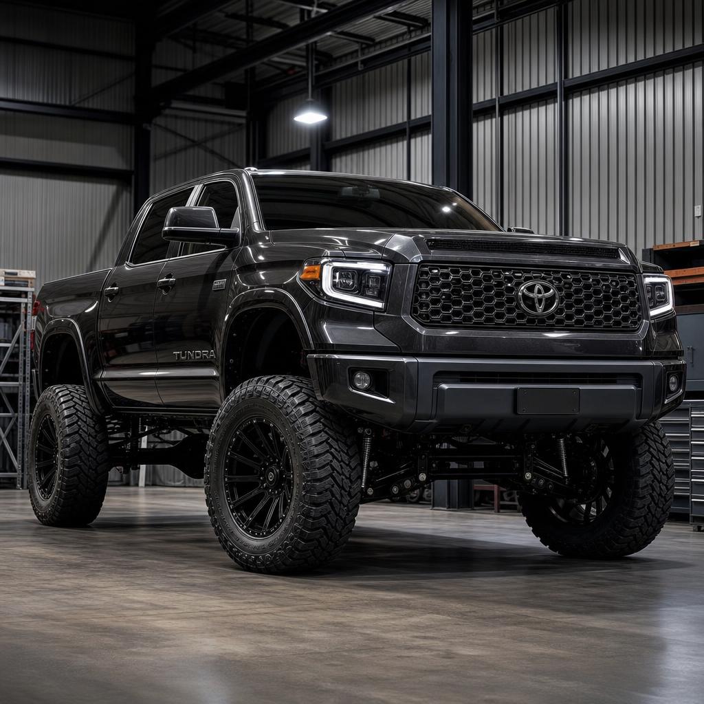 Lifted Toyota Tundra on oversized off-road tires in warm low sun and dust
