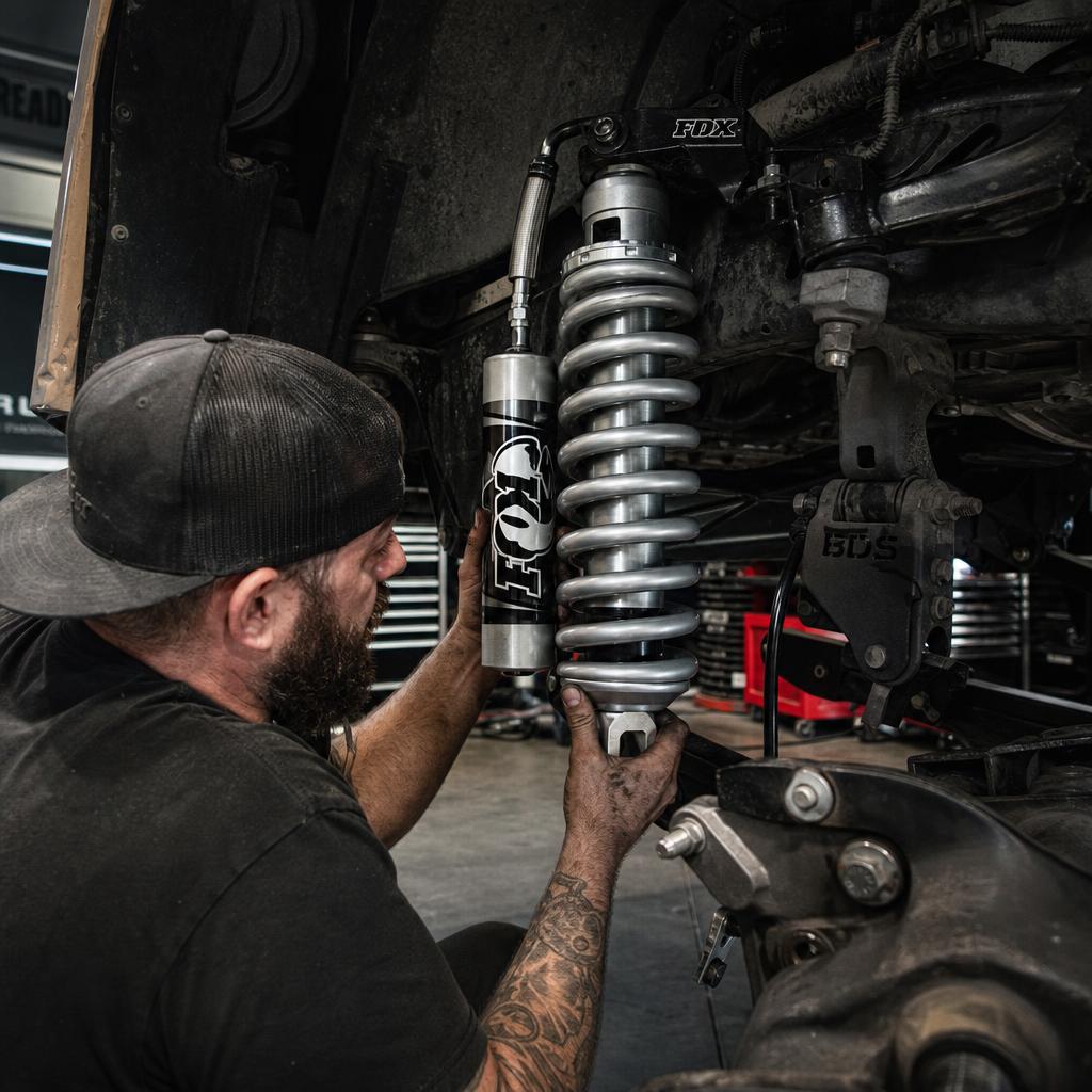 Technician working under a pickup truck on the Truck Center of Naperville shop floor